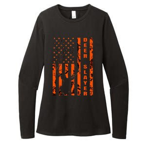 Hunter Orange Camo American Flag Deer Slayer Womens CVC Long Sleeve Shirt