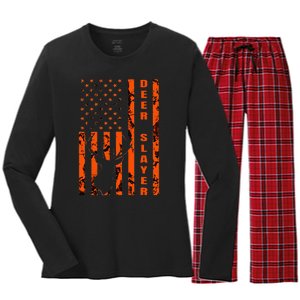 Hunter Orange Camo American Flag Deer Slayer Women's Long Sleeve Flannel Pajama Set 