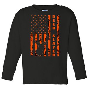 Hunter Orange Camo American Flag Deer Slayer Toddler Long Sleeve Shirt