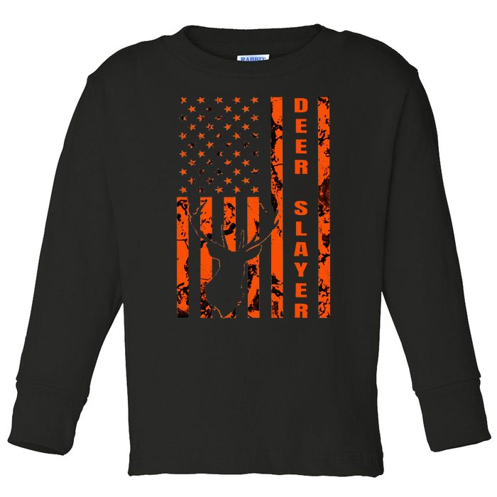 Hunter Orange Camo American Flag Deer Slayer Toddler Long Sleeve Shirt