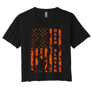 Hunter Orange Camo American Flag Deer Slayer Women's Crop Top Tee