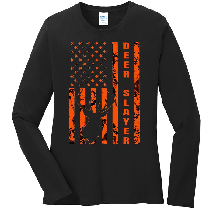 Hunter Orange Camo American Flag Deer Slayer Ladies Long Sleeve Shirt