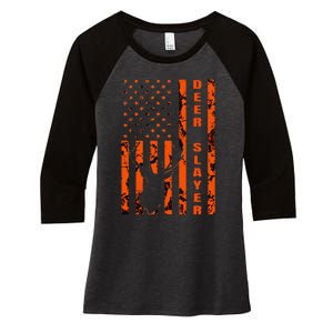 Hunter Orange Camo American Flag Deer Slayer Women's Tri-Blend 3/4-Sleeve Raglan Shirt