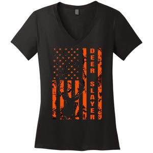 Hunter Orange Camo American Flag Deer Slayer Women's V-Neck T-Shirt