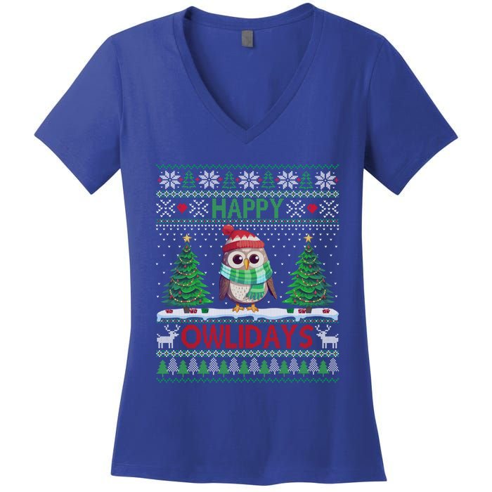 Happy Owlidays Cute Gift Funny Owl Ugly Christmas Gift Women's V-Neck T-Shirt