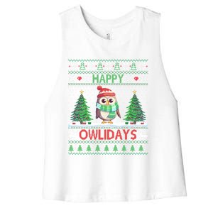 Happy Owlidays Cute Gift Funny Owl Ugly Christmas Gift Women's Racerback Cropped Tank