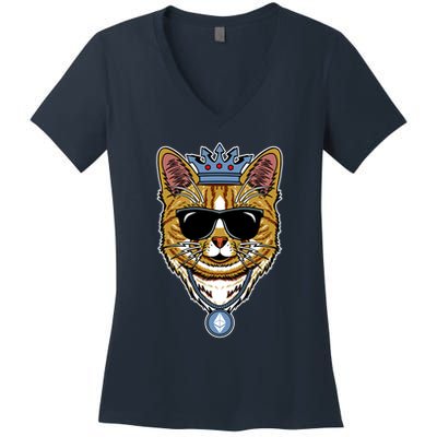 Hodl Ethereum ETH Cat King Crypto Currency Moon Women's V-Neck T-Shirt