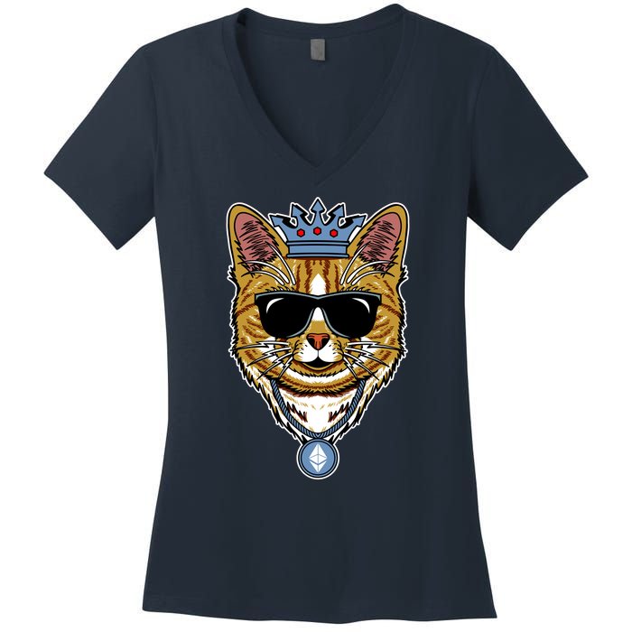 Hodl Ethereum ETH Cat King Crypto Currency Moon Women's V-Neck T-Shirt