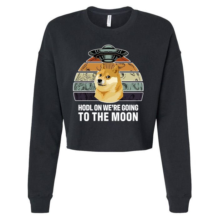 Hodl On We're Going To The Moon Retro Dogecoin Cropped Pullover Crew