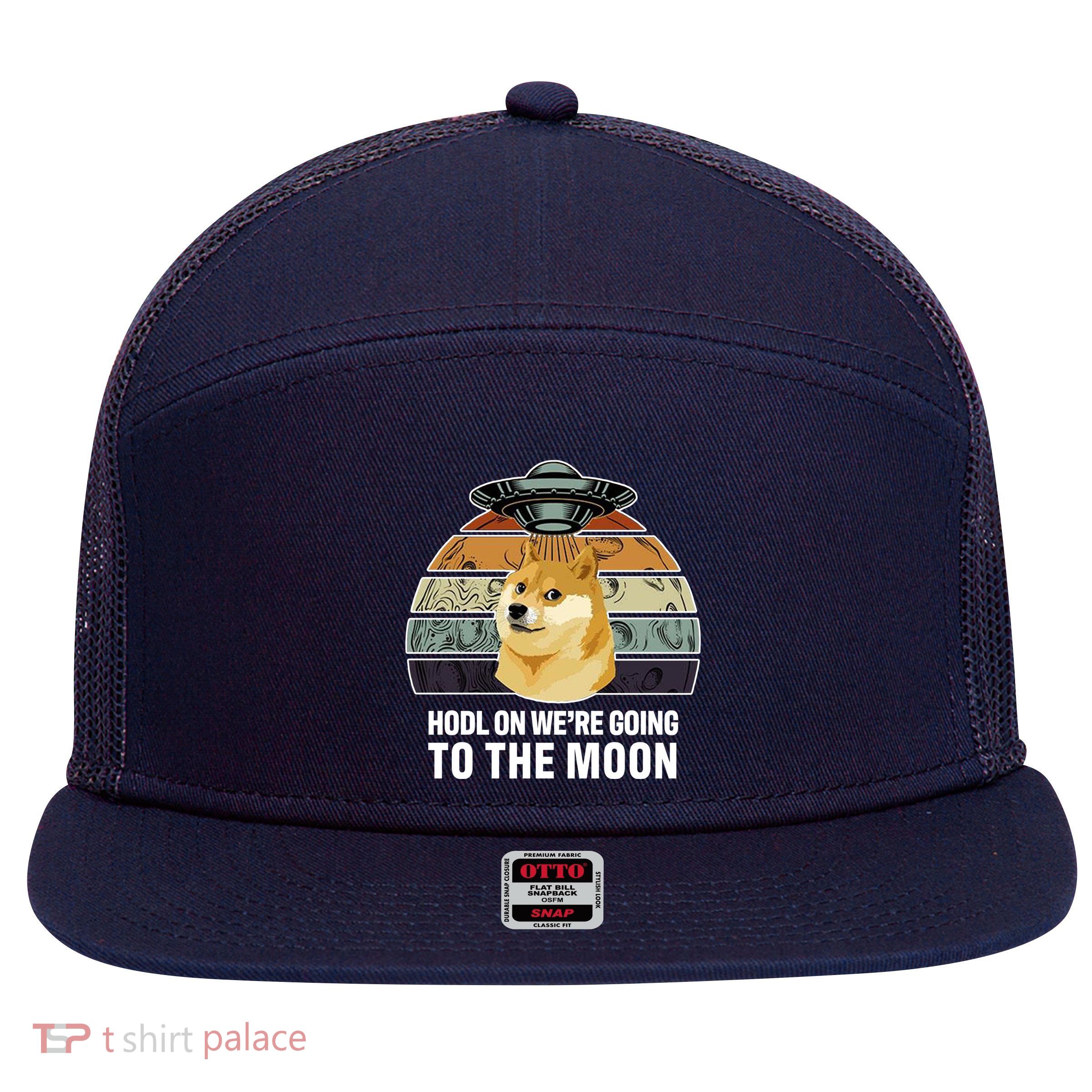 Hodl On We're Going To The Moon Retro Dogecoin 7 Panel Mesh Trucker Snapback Hat