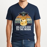 Hodl On We're Going To The Moon Retro Dogecoin V-Neck T-Shirt