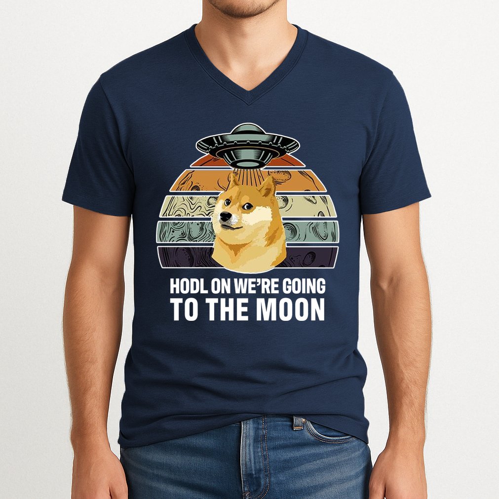 Hodl On We're Going To The Moon Retro Dogecoin V-Neck T-Shirt