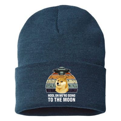 Hodl On We're Going To The Moon Retro Dogecoin Sustainable Knit Beanie