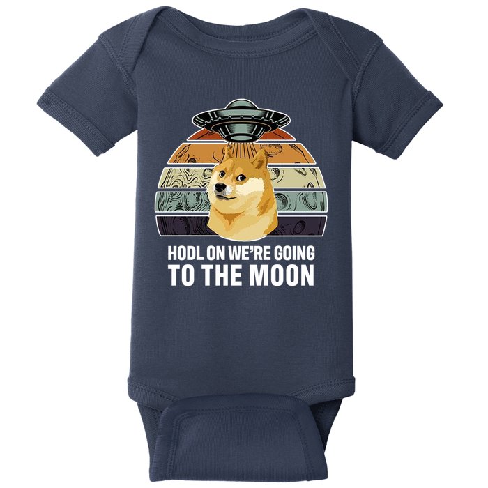 Hodl On We're Going To The Moon Retro Dogecoin Baby Bodysuit