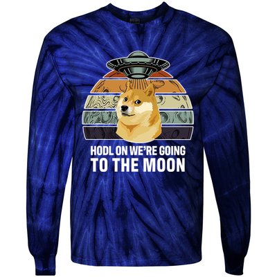 Hodl On We're Going To The Moon Retro Dogecoin Tie-Dye Long Sleeve Shirt