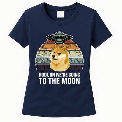 Hodl On We're Going To The Moon Retro Dogecoin Womens T-Shirt