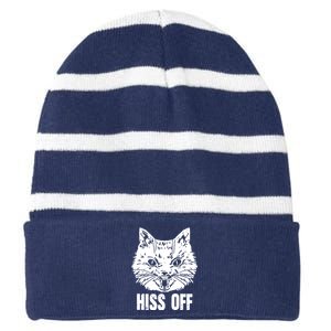 Hiss Off Funny Cat Lover Gift Striped Beanie with Solid Band