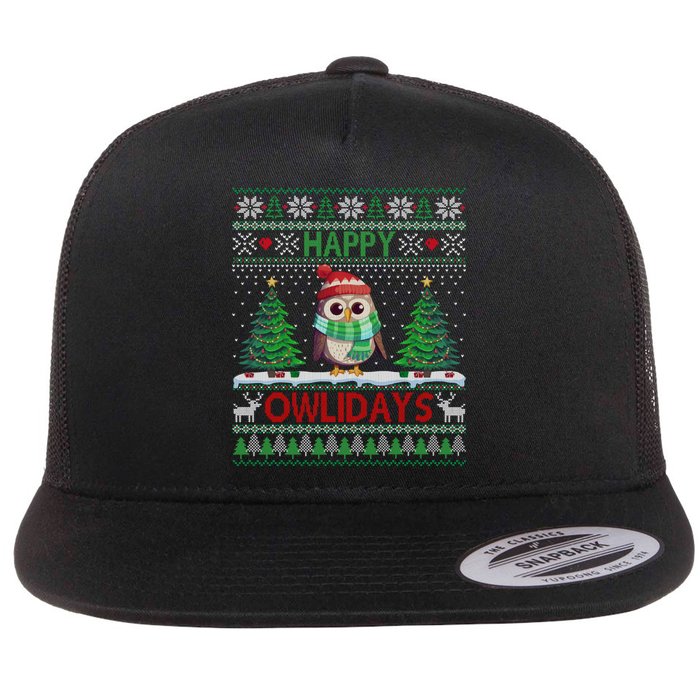 Happy Owlidays Funny Owl Ugly Christmas Gift Flat Bill Trucker Hat