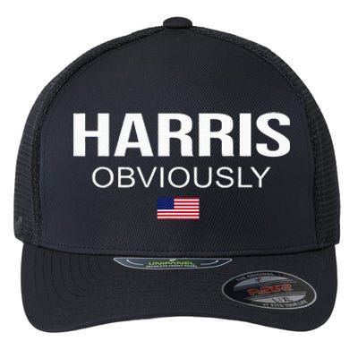 Harris Obviously For President 2024 Kamala American Flag Flexfit Unipanel Trucker Cap