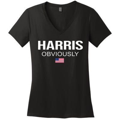 Harris Obviously For President 2024 Kamala American Flag Women's V-Neck T-Shirt