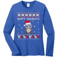 Happy Owlidays Funny Owl Ugly Christmas Gift Ladies Long Sleeve Shirt