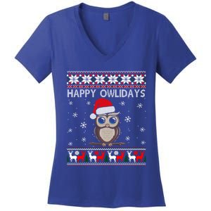 Happy Owlidays Funny Owl Ugly Christmas Gift Women's V-Neck T-Shirt