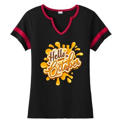 Hello October Fun Fall Ladies Halftime Notch Neck Tee