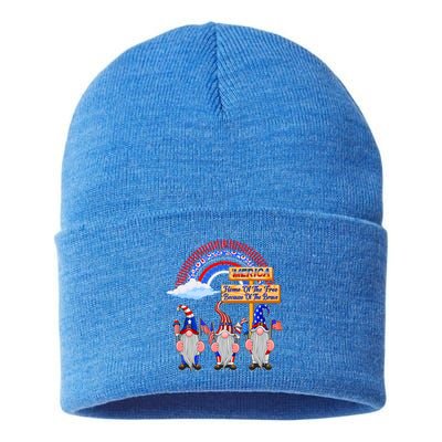 Home Of Free Because Of Brave 4th July Merica Gnome Funny Gift Sustainable Knit Beanie