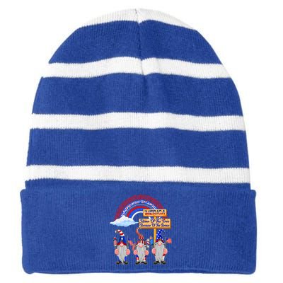 Home Of Free Because Of Brave 4th July Merica Gnome Funny Gift Striped Beanie with Solid Band