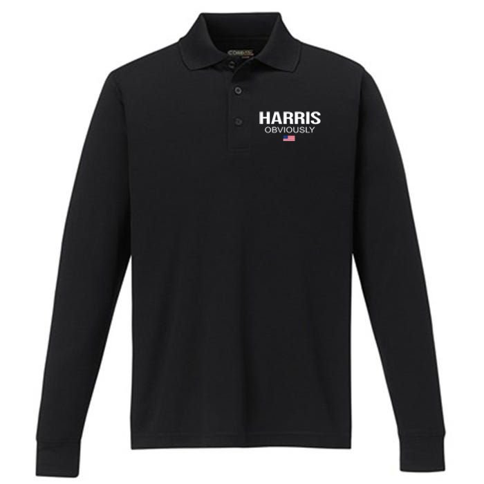 Harris Obviously For President 2024 Kamala American Flag Performance Long Sleeve Polo