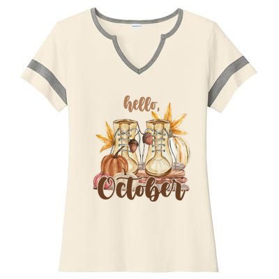 Hello October Fall Lover Ladies Halftime Notch Neck Tee