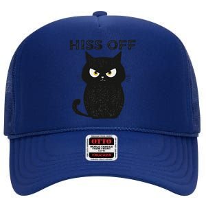 Hiss Off Funny Black Cat Hiss Off Meow Cat High Crown Mesh Back Trucker Hat