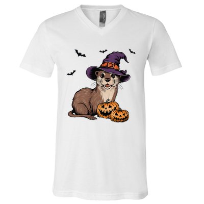 Halloween Otter Funny Witch Otter V-Neck T-Shirt