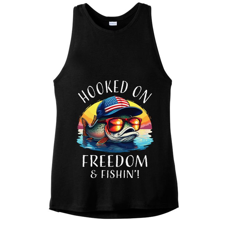 Hooked On Freedom Funny Fisherman Fishing Trout Usa Flag Ladies PosiCharge Tri-Blend Wicking Tank