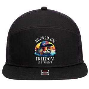 Hooked On Freedom Funny Fisherman Fishing Trout Usa Flag 7 Panel Mesh Trucker Snapback Hat