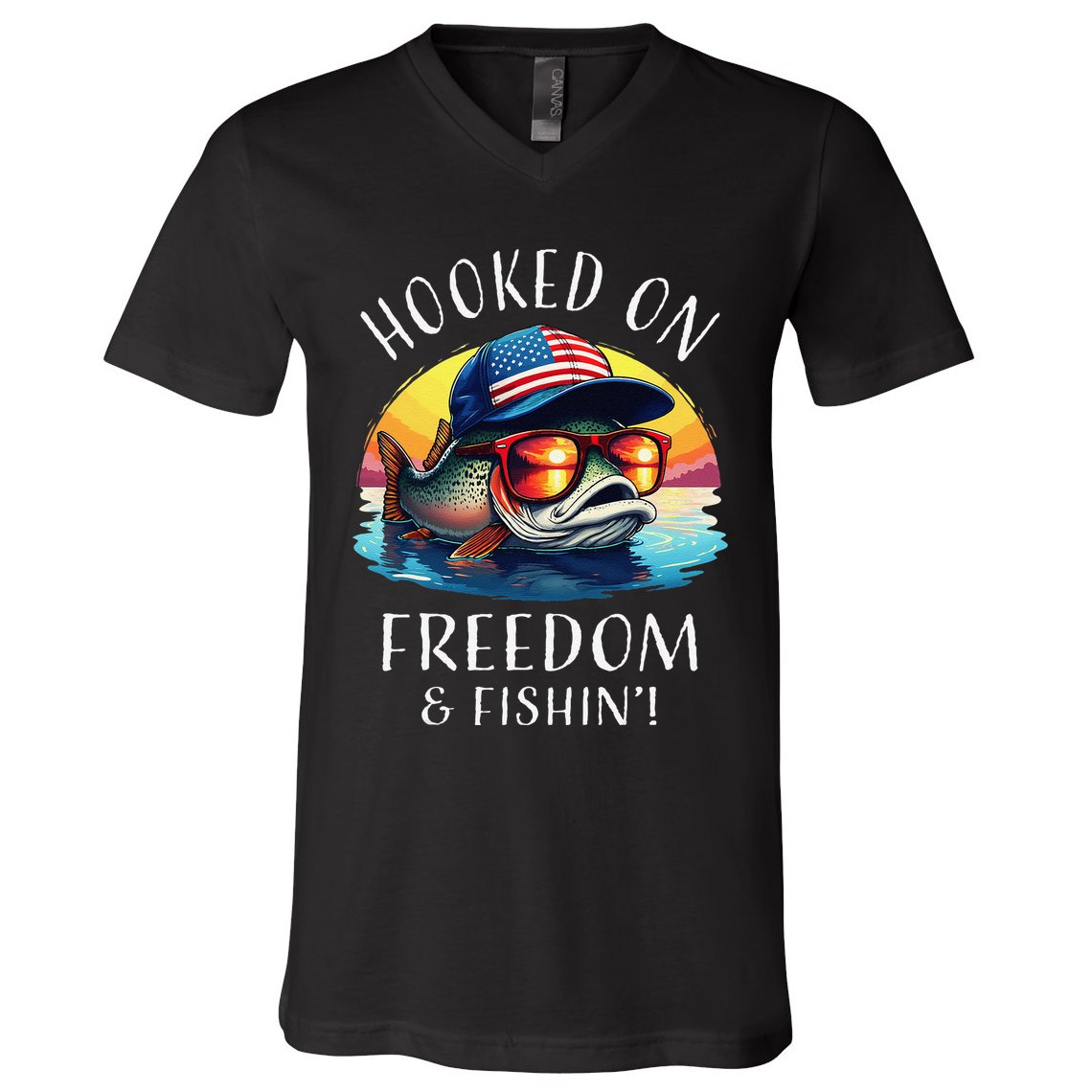 Hooked On Freedom Funny Fisherman Fishing Trout Usa Flag V-Neck T-Shirt