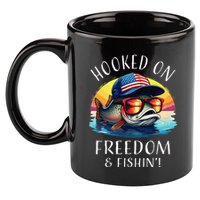 Hooked On Freedom Funny Fisherman Fishing Trout Usa Flag 11oz C Handle Ceramic Mug