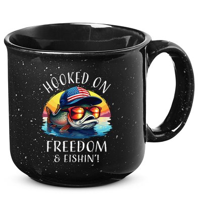Hooked On Freedom Funny Fisherman Fishing Trout Usa Flag 15oz Campfire Ceramic Mug