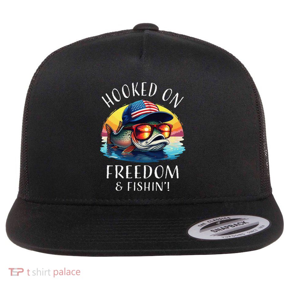 Hooked On Freedom Funny Fisherman Fishing Trout Usa Flag Flatbill Hat