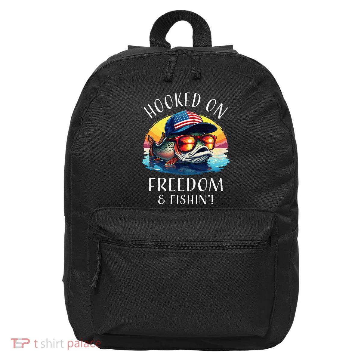 Hooked On Freedom Funny Fisherman Fishing Trout Usa Flag 16 in Basic Backpack