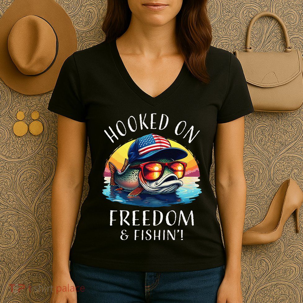 Hooked On Freedom Funny Fisherman Fishing Trout Usa Flag Women's V-Neck T-Shirt