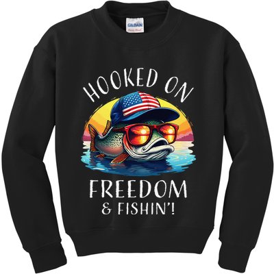 Hooked On Freedom Funny Fisherman Fishing Trout Usa Flag Kids Sweatshirt