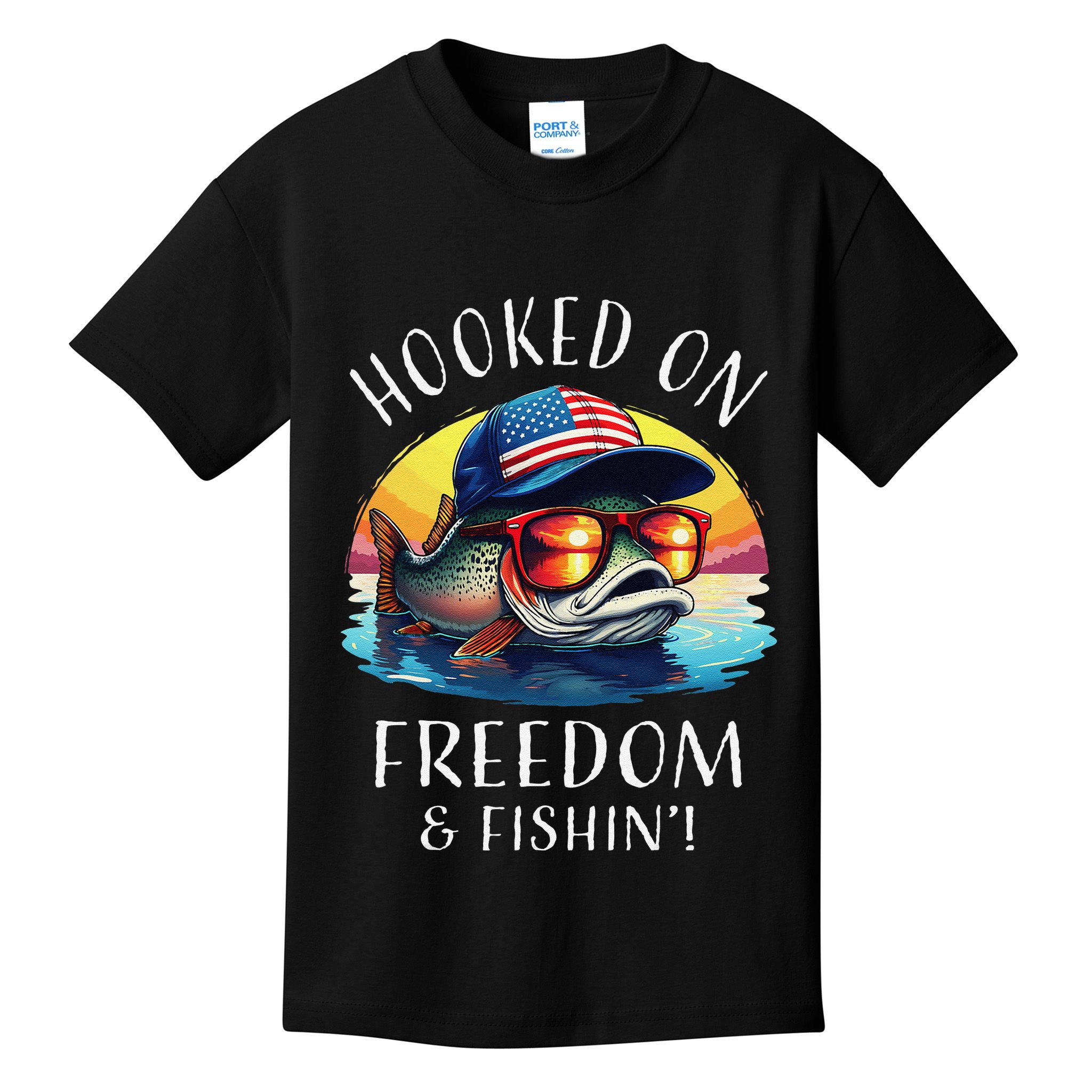 Hooked On Freedom Funny Fisherman Fishing Trout Usa Flag Kids T-Shirt