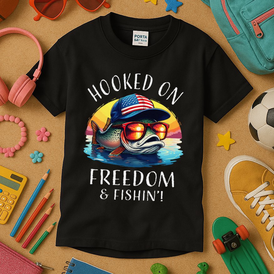 Hooked On Freedom Funny Fisherman Fishing Trout Usa Flag Kids T-Shirt