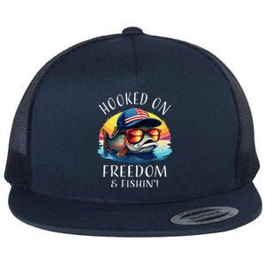 Hooked On Freedom Funny Fisherman Fishing Trout Usa Flag Flat Bill Trucker Hat