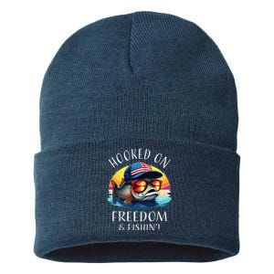 Hooked On Freedom Funny Fisherman Fishing Trout Usa Flag Sustainable Knit Beanie