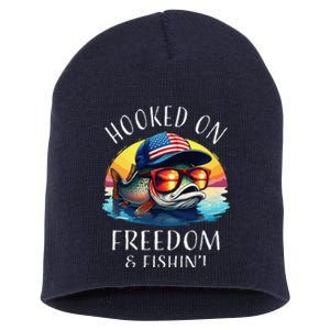 Hooked On Freedom Funny Fisherman Fishing Trout Usa Flag Short Acrylic Beanie