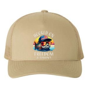 Hooked On Freedom Funny Fisherman Fishing Trout Usa Flag Yupoong Adult 5-Panel Trucker Hat