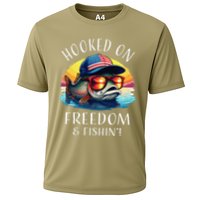 Hooked On Freedom Funny Fisherman Fishing Trout Usa Flag Cooling Performance Crew T-Shirt