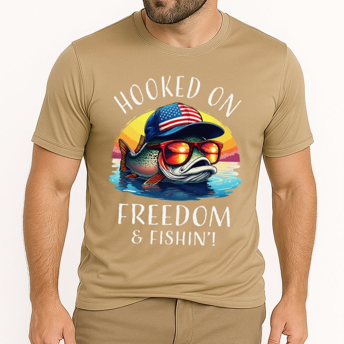 Hooked On Freedom Funny Fisherman Fishing Trout Usa Flag Cooling Performance Crew T-Shirt